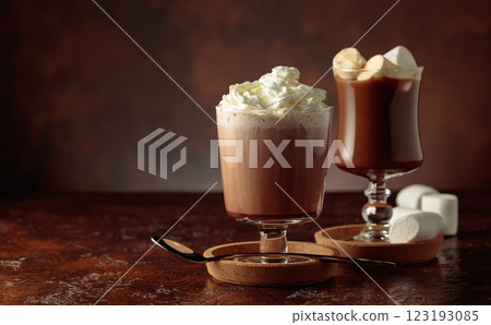 Hot chocolate with whipped cream in a glass mug on a old brown table. Hot chocolate with whipped cream in a glass mug on a old brown table. 123193085