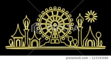 黃色霓虹燈風格的線條畫，描繪了一個遊樂園，裡面有一個摩天輪和一座童話城堡，背景為黑色 123193086