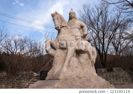 Stone statue of Ming Dynasty general Qi Jiguang, Shuiguan Great Wall, Badaling, Yanqing, China 123193119