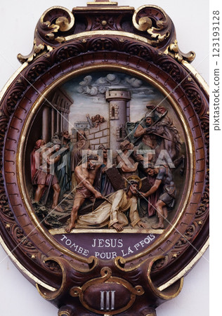 3rd Stations of the Cross, Jesus falls the first time, Carthusian monastery in Pleterje, Slovenia 123193128