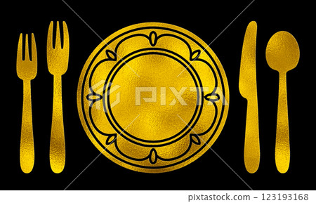 法式餐桌佈置的金色剪影插圖,配有盤子和餐具,背景為黑色 法式餐桌佈置的金色剪影插圖,配有盤子和餐具,背景為黑色 123193168