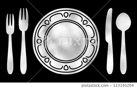 法式餐桌佈置的銀色剪影插圖,配有盤子和餐具,背景為黑色 法式餐桌佈置的銀色剪影插圖,配有盤子和餐具,背景為黑色 123193204