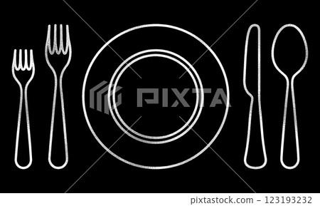 Silver line drawing illustration of a French course table setting with plates and cutlery, cut out on a black background 123193232