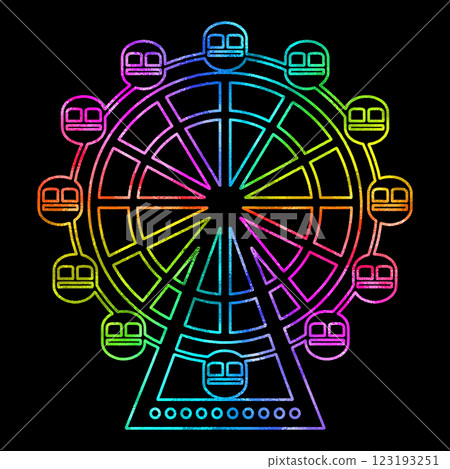 A rainbow gradient line drawing of a Ferris wheel outline, cut out on a black background A rainbow gradient line drawing of a Ferris wheel outline, cut out on a black background 123193251