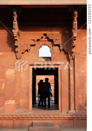 Unique architectural details of Red Fort, Agra, UNESCO World heritage site, India 123193253