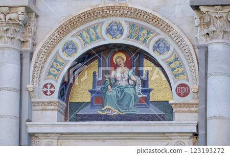 Saint Reparata, colourful mosaic by Giuseppe Modena da Lucca, lunette above left door of Cathedral in Pisa, Italy. Unesco World Heritage Site. 123193272