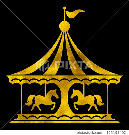 Gold silhouette illustration of a merry-go-round, cut out on black background 123193402