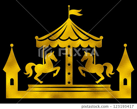 旋轉木馬的金色剪影插圖,在黑色背景上裁剪 旋轉木馬的金色剪影插圖,在黑色背景上裁剪 123193417