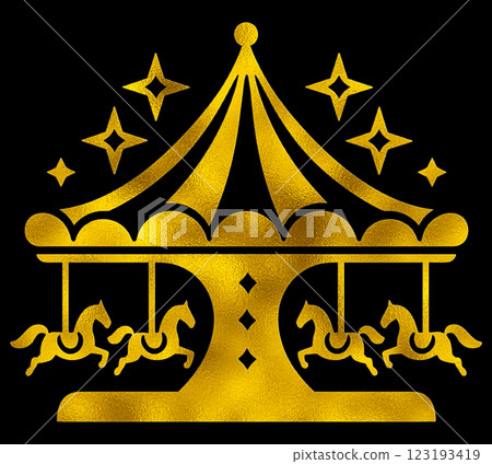 旋轉木馬的金色剪影插圖，在黑色背景上裁剪 123193419