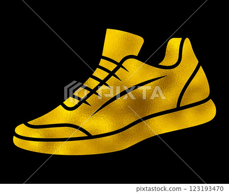 Gold silhouette illustration of sneakers, cut out on black background 123193470