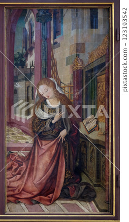 Virgin Mary, The Annunciation, main altar in Marienkapelle in Wurzburg, Bavaria, Germany 123193542