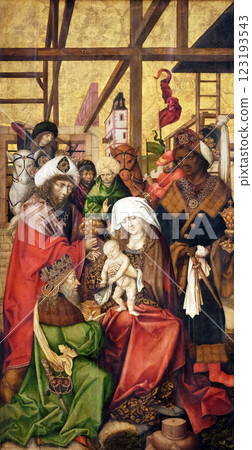 Nativity Scene, Adoration of the Magi, main altar in Marienkapelle in Wurzburg, Bavaria, Germany 123193543