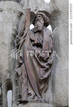 Saint Andrew statue on the Altar of the Apostles in Wurzburg Cathedral dedicated to Saint Kilian, Bavaria, Germany 123193555