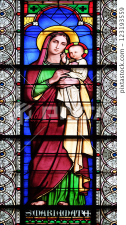 Virgin and Child, stained glass windows in the Saint Germain des Pres Church, Paris, France 123193559