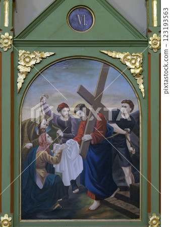 6th Stations of the Cross, Veronica wipes the face of Jesus, church of Saint Matthew in Stitar, Croatia 123193563