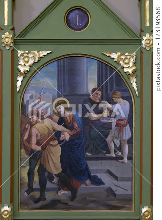1st Stations of the Cross, Jesus is condemned to death, church of Saint Matthew in Stitar, Croatia 123193568