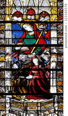 Saint Genevieve, stained glass window in Saint Severin church in Paris 123193579