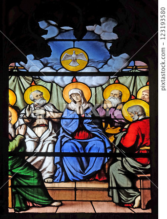 Descent of the Holy Spirit, stained glass window in Saint Severin church in Paris, France 123193580