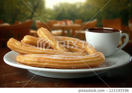 Cup of hot chocolate and churros with sugar 123193596