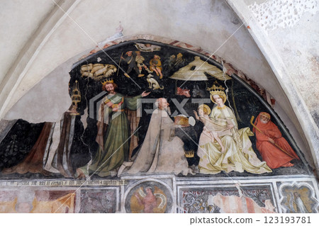 Adoration of the Magi, fresco in the cloister, Cathedral of Santa Maria Assunta and San Cassiano in Bressanone, Italy Adoration of the Magi, fresco in the cloister, Cathedral of Santa Maria Assunta and San Cassiano in Bressanone, Italy 123193781