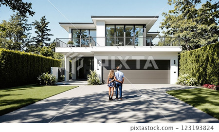 Young Couple Embracing While Admiring Their Contemporary Dream Home on a Sunny Afternoon 123193824