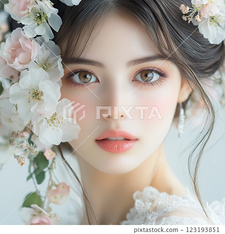 A cute, beautiful woman with a fairy-like special hair and makeup style is generated using AI (square photo) A cute, beautiful woman with a fairy-like special hair and makeup style is generated using AI (square photo) 123193851