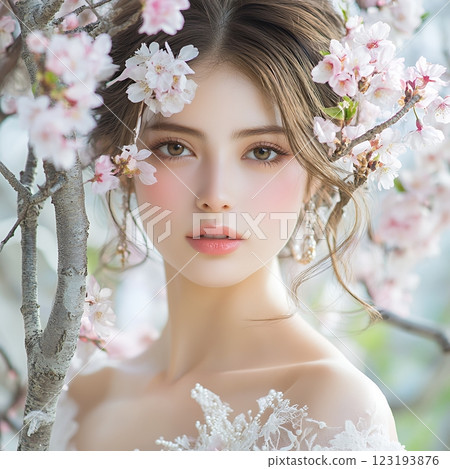 使用AI生成具有仙女般特殊髮型和妝容的可愛美麗女人（方形照片） 123193876