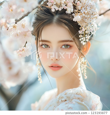 使用AI生成具有仙女般特殊髮型和妝容的可愛美麗女人(方形照片) 使用AI生成具有仙女般特殊髮型和妝容的可愛美麗女人(方形照片) 123193877