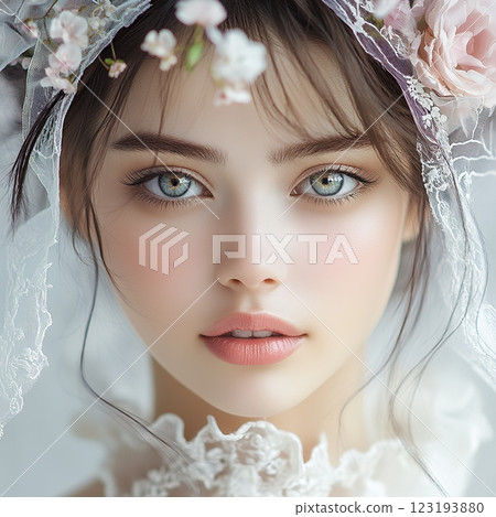 A cute, beautiful woman with a fairy-like special hair and makeup style is generated using AI (square photo) A cute, beautiful woman with a fairy-like special hair and makeup style is generated using AI (square photo) 123193880