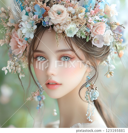 A cute, beautiful woman with a fairy-like special hair and makeup style is generated using AI (square photo) 123193881