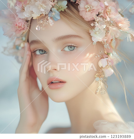 A cute, beautiful woman with a fairy-like special hair and makeup style is generated using AI (square photo) 123193889