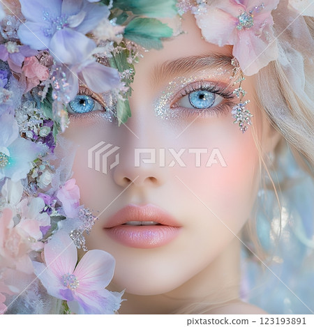 A cute, beautiful woman with a fairy-like special hair and makeup style is generated using AI (square photo) A cute, beautiful woman with a fairy-like special hair and makeup style is generated using AI (square photo) 123193891