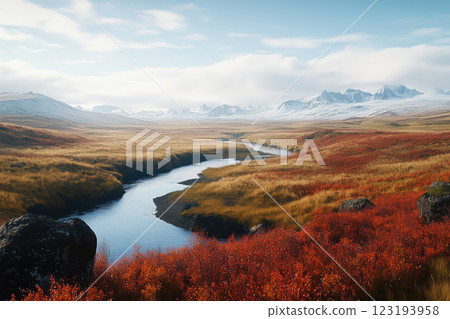 Autumn landscape with vibrant foliage and a winding river 123193958