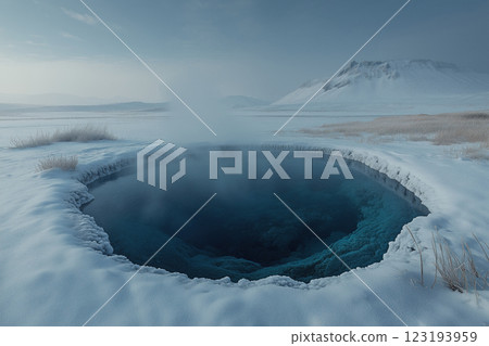 Relaxing in a geothermal hot spring surrounded by snowy mountains in Iceland 123193959
