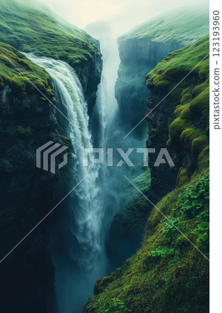 Majestic waterfall cascading through lush green cliffs Majestic waterfall cascading through lush green cliffs 123193960