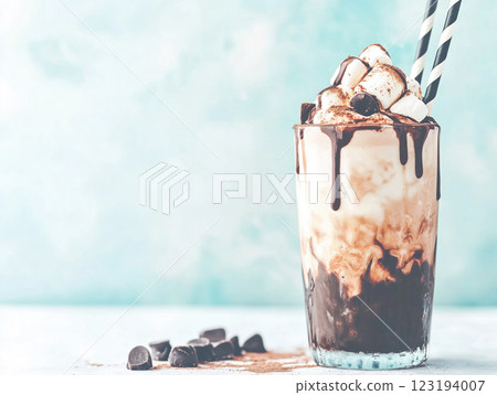 chocolate milkshake with whipped cream and marshmallows 123194007