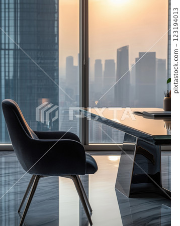 office interior with black armchair and city view 123194013