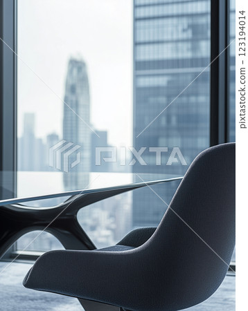 office interior with black armchair and city view 123194014