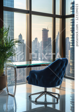 office interior with black armchair and city view 123194015