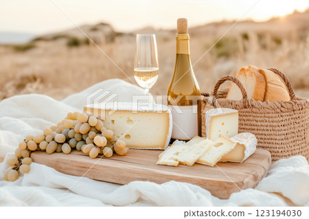 A beautifully arranged picnic features cheese, grapes, and a glass of white wine 123194030