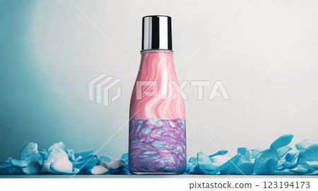 Colorful liquid creation in a stylish bottle against soft background 123194173