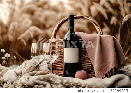 Enjoying a peaceful outdoor picnic with wine in a serene setting 123194215