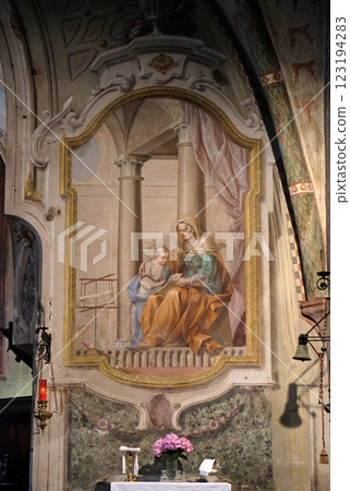 Saint Anne, the education of the Virgin Mary, fresco in the Santa Maria degli Angeli church in Lugano, Switzerland 123194283