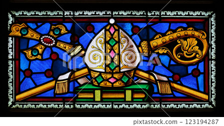 Stained glass window in the Cathedral of Saint Lawrence in Lugano, Switzerland 123194287