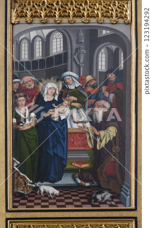Presentation in the Temple, Twelve Apostles altar in St James Church in Rothenburg ob der Tauber, Germany 123194292