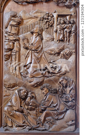 Christ praying in the Garden of Getshemane, altar of the Holy Blood in St James Church in Rothenburg ob der Tauber, Germany 123194304