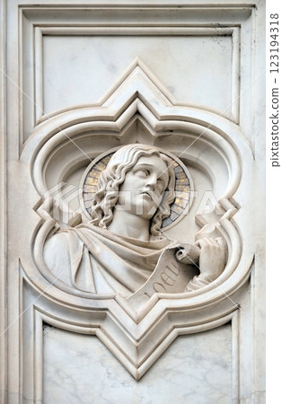 Joel prophet, relief on the facade of Basilica of Santa Croce (Basilica of the Holy Cross) - famous Franciscan church in Florence, Italy 123194318