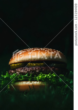 Juicy burger resting on fresh greens under soft light Juicy burger resting on fresh greens under soft light 123194409