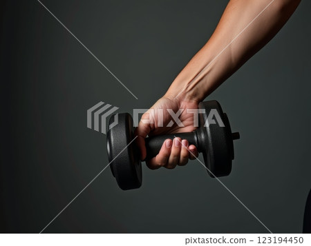 Young Woman Exercising with  Dumbbell, Fitness Workout Training in Bright Modern Interior with Natural Light, Healthy Lifestyle and Wellness Concept 123194450