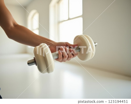 Young Woman Exercising with  Dumbbell, Fitness Workout Training in Bright Modern Interior with Natural Light, Healthy Lifestyle and Wellness Concept 123194451